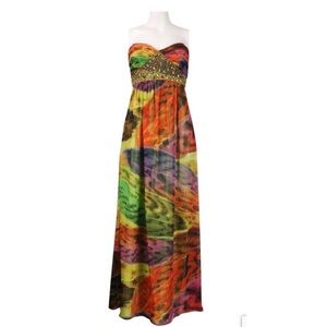 JS Rhinestone Empire Waist Abstract Chiffon Dress